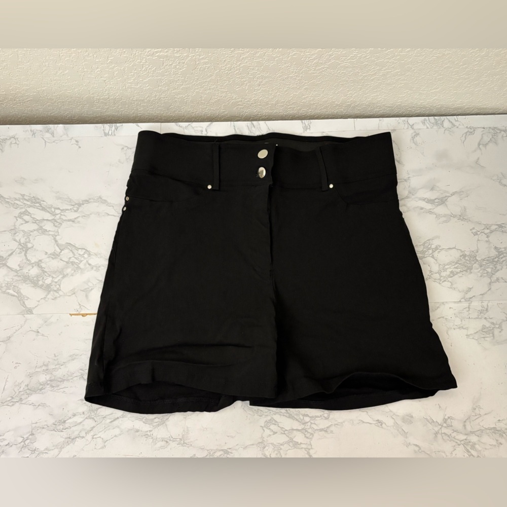 Retrology Flat Front Comfort Dress Shorts Sz 12 Black Double Button Stretch - Picture 1 of 4